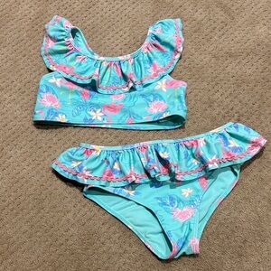Tommy Bahama Aqua and Pink Tropical Ruffle Bikini Sz 10